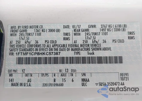 2017 Ford F-150 Xl from USA, damaged, VIN 1FTMF1CP8HKC57387